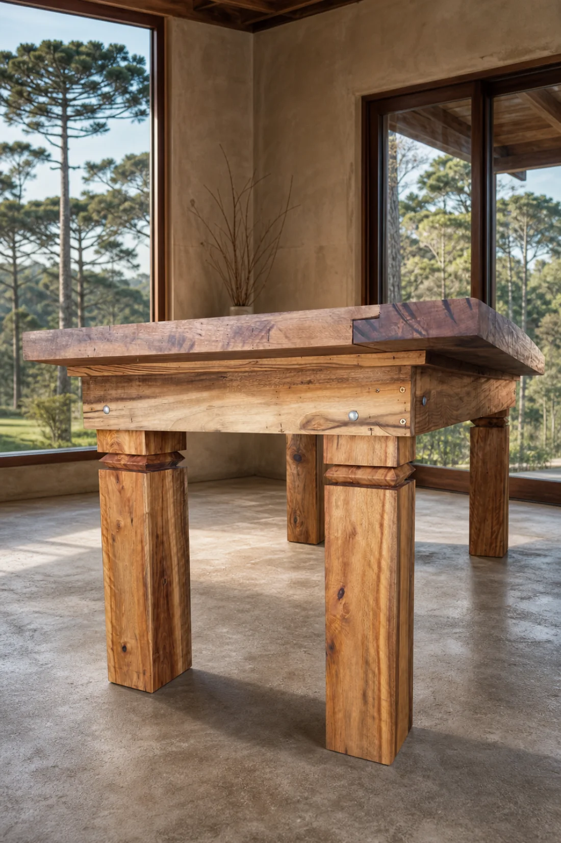 Mesa robusta de madeira maciça em ambiente interno