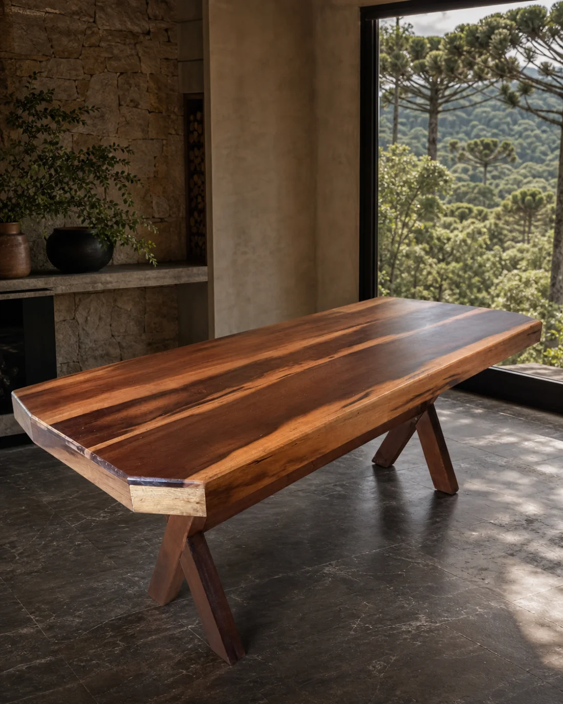 Mesa em madeira maciça com pés inclinados