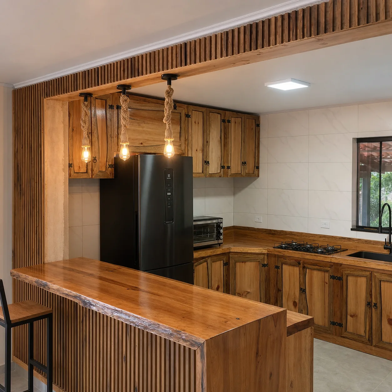 Cozinha completa em madeira rústica com balcão de borda natural e painel ripado