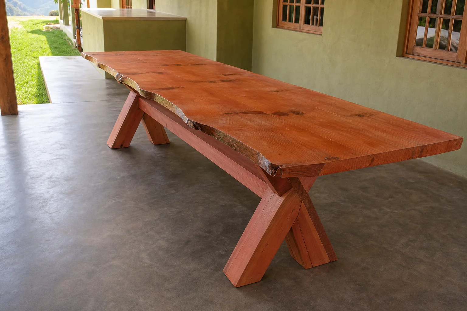 Mesa de madeira maciça com borda orgânica e grandes pés em X