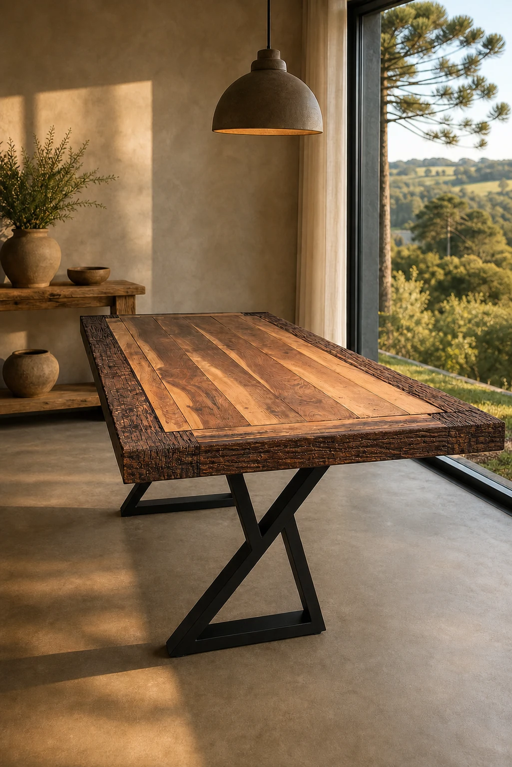 Mesa de madeira maciça em ângulo com estrutura contemporânea de ferro preto